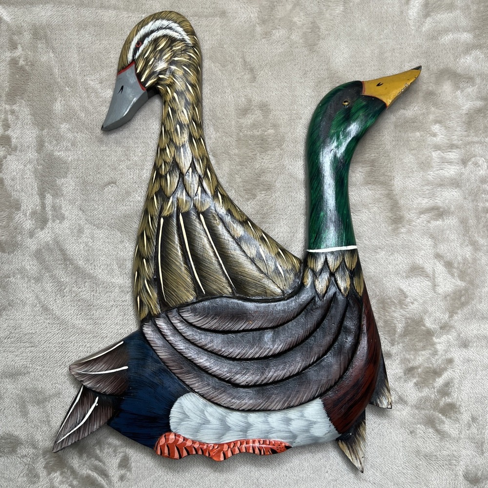Vintage Hand Carved Wood Mallard Ducks Wall Art Philippines 15" Hand Painted